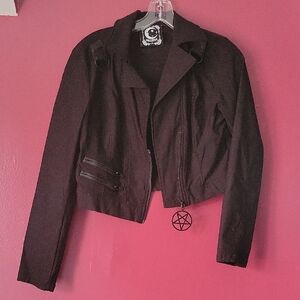 Killstar Black Utility Cropped Jacket with Pentagram Charm